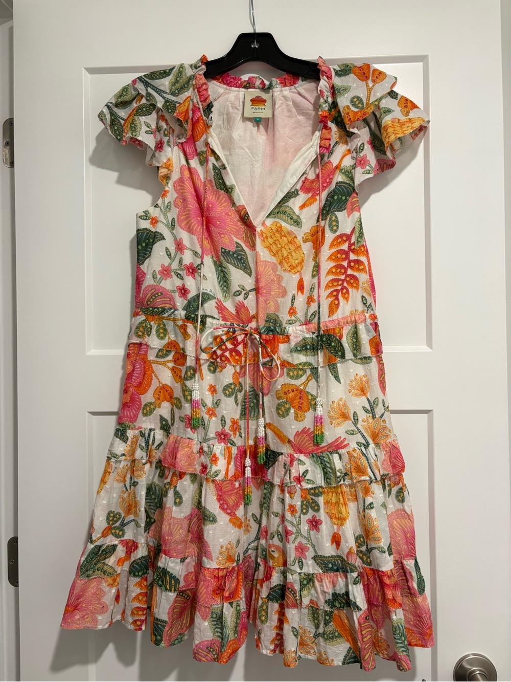 Farm Rio Macaw Bloom off-white tropical floral cotton mini dress summer floral